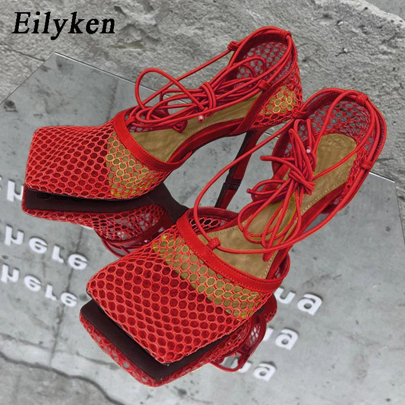 Fashion Eilyken Sexy Mesh Pumps Sandals Female Square Toe High Heel Lace Up Cross-Tied Stiletto Hollow Dress Shoes Zapatos Mujer