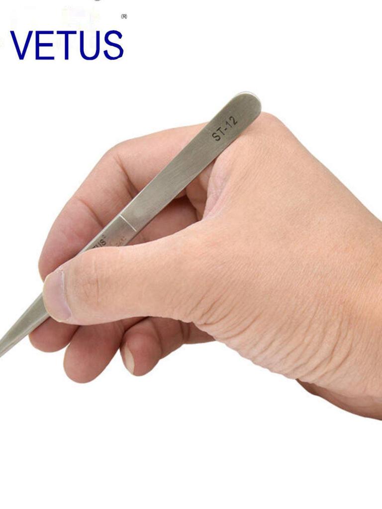 VETUS ST-12 Stainless Steel Precision Tweezers, Anti-Magnetic/Acid, for Watch Repair, Manicure, Bird's Nest Handling