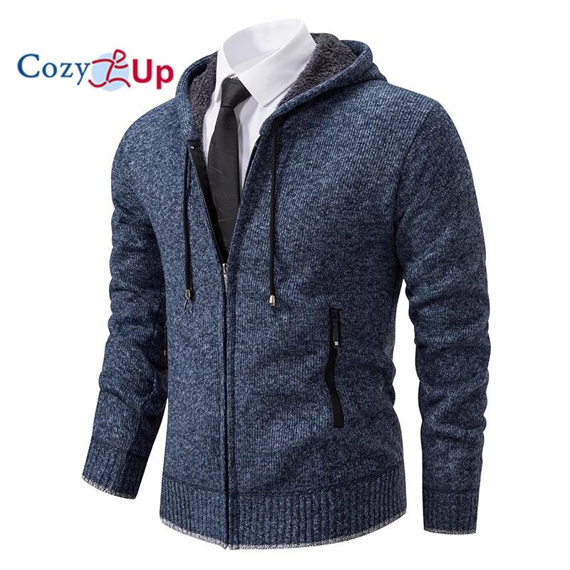 Cozy Up Мужской кардиган с длинными рукавами, повседневная уличная одежда, мягкая вязаная толстовка с капюшоном, термостойкая флисовая толстовка на молнии с капюшоном