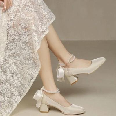 Женские туфли на высоком каблуке с элегантным бантом и квадратным носком, черные модные женские туфли для женщин, туфли-лодочки на толстом каблуке, свадебные туфли с жемчужным кружевом