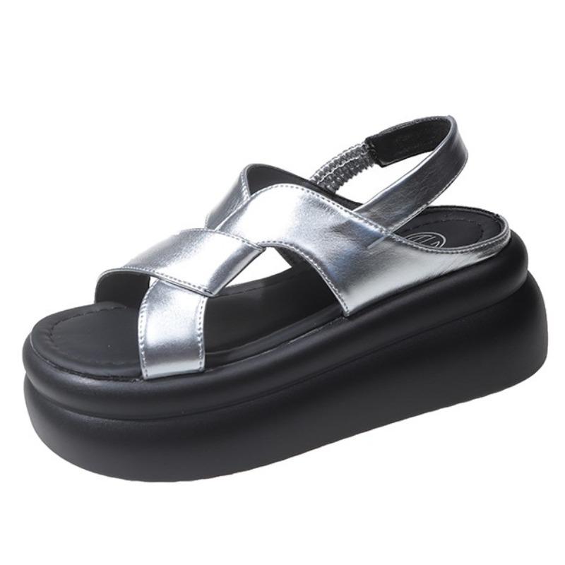 Fashion Women Leather Sandals 7CM Summer Shoes New 2024 High Platform Cross-strap Slides Fashion Casual Sandals Beach Chunky Slippers
