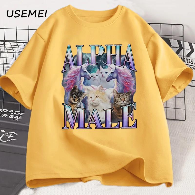 Alpha Male Unicorn Cat TShirt Unisex Ironic 90s Vintage Funny Rainbow Meme Tee Shirt Weird Cat T Shirt Casual Cotton Clothes
