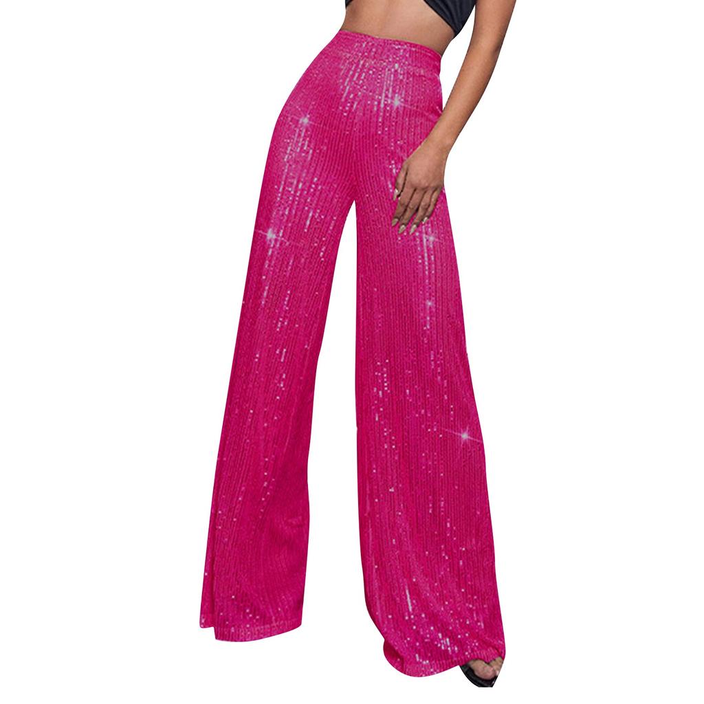 Women's Fashion Solid Color High Waist Sequin Side Zipper Draped Wide Leg Pants