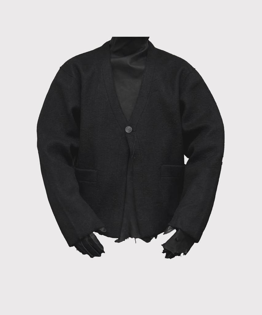 Minus Cut Off 1B Cardigan(Needle Shaggy Mohair) - Black