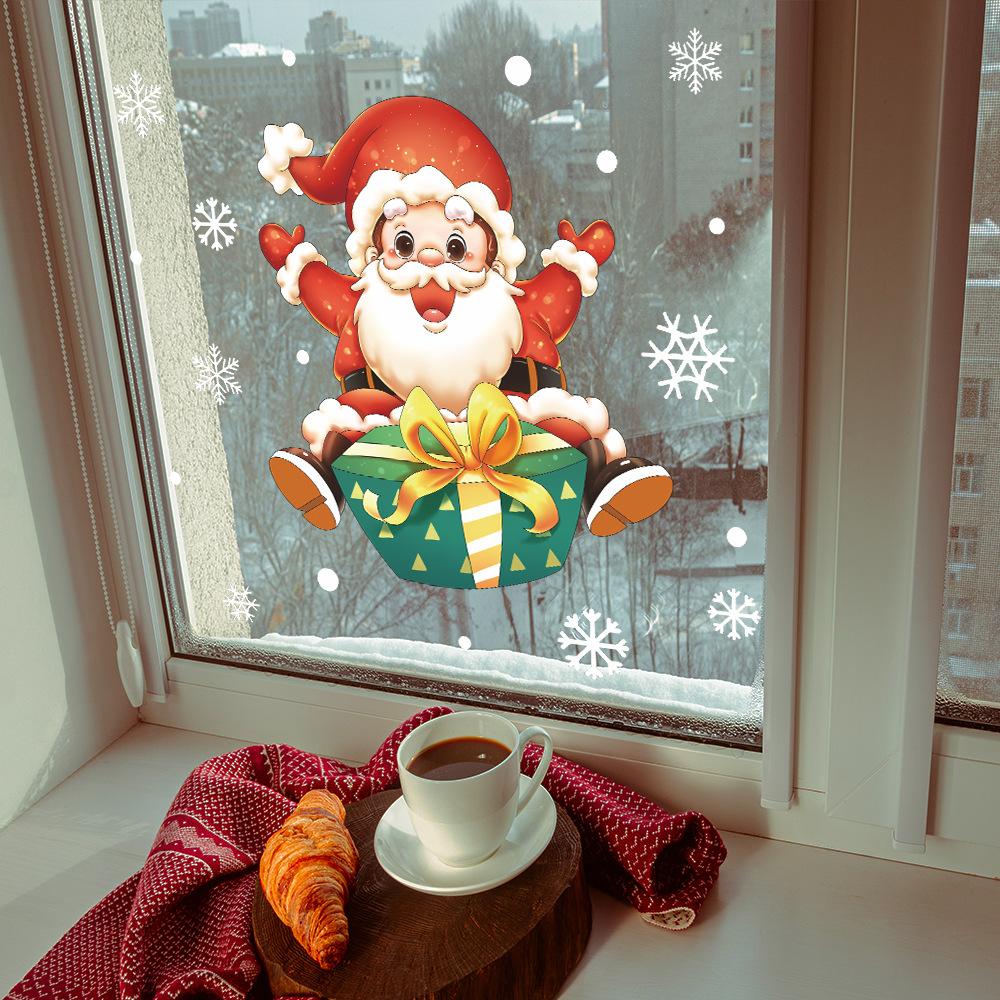 Мультяшный Санта-Клаус Снежинка Подарочная коробка Атмосфера Украшенные стеклянные наклейки на окна для окон и дверей