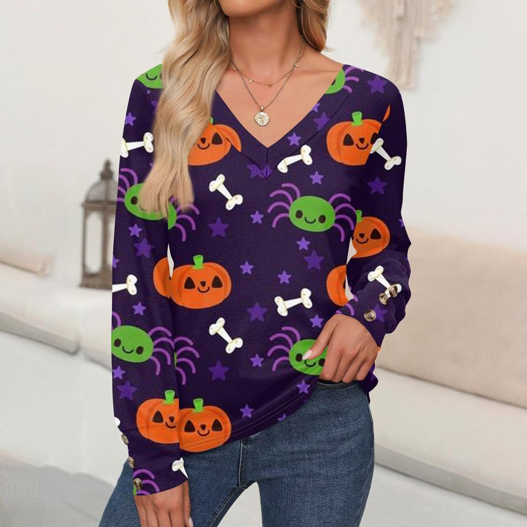Женские топы с принтом на Хэллоуин, рубашка с длинным рукавом, V-образный вырез, повседневная свободная футболка, осенняя одежда