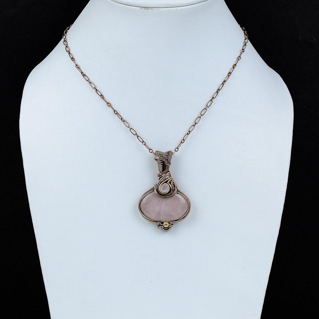 Кулон из розового кварца, медная проволока, кулон, лунный камень, драгоценный камень, кулон, ювелирные изделия из проволоки для подарка, уникальные медные украшения, кулон ручной работы