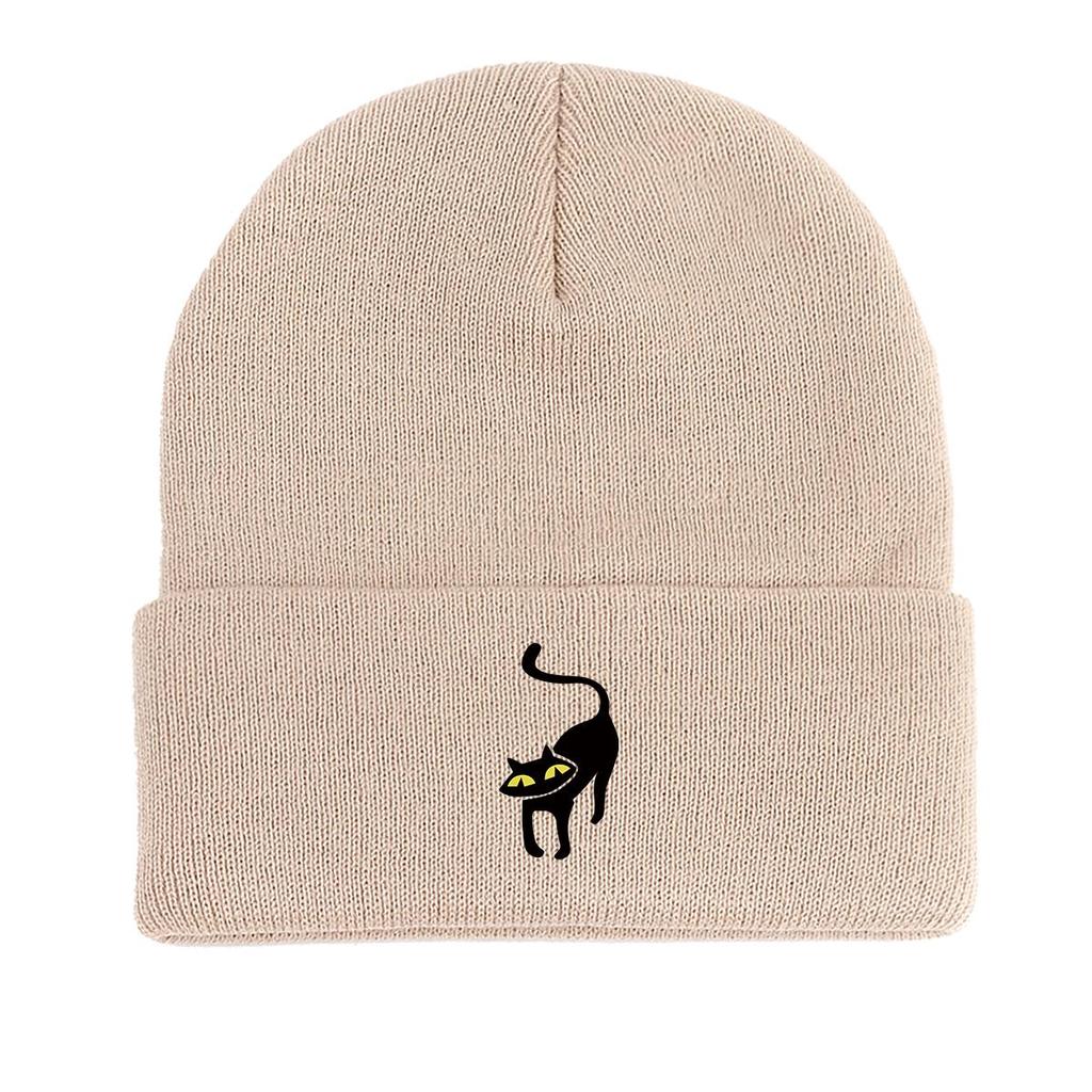Вязаная шапка с принтом черного кота, шапка Animal Woman, эластичная термопростая шапка с помпоном, вязаная шапка, шапка-бини