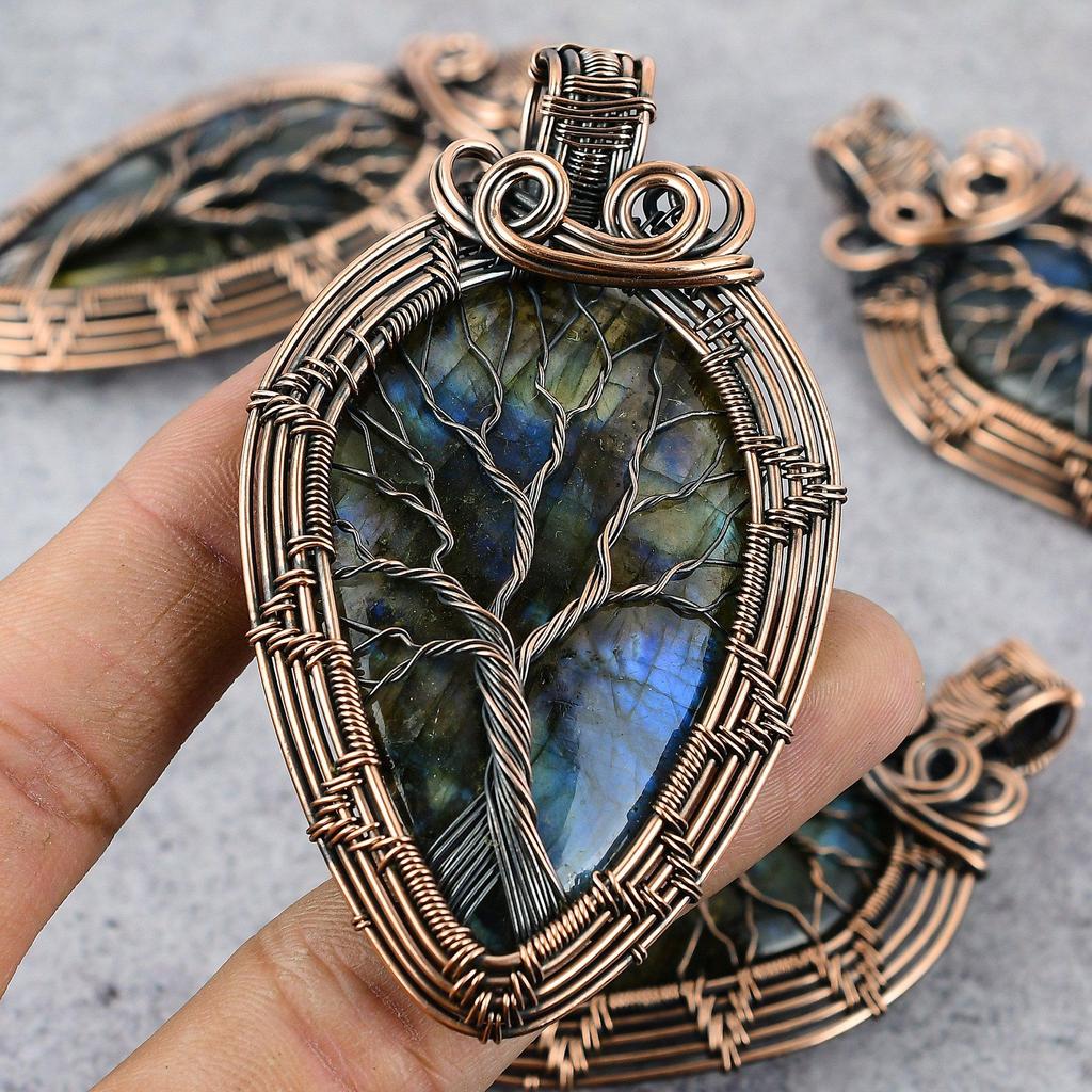 Лабрадорит драгоценный камень чистая медная проволока обертывание ювелирные изделия ручной работы кулон