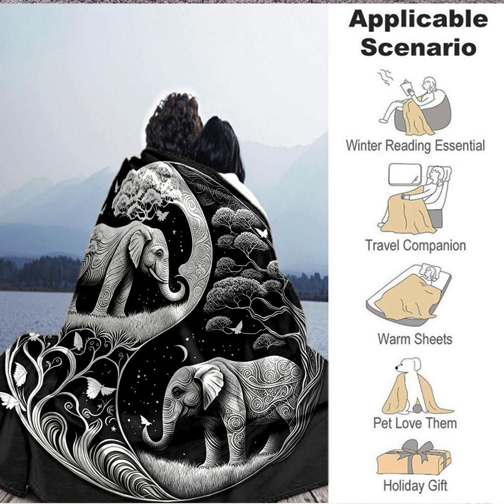 1Pc Elephants Yin Yang Balance Blanket Soft And Comfortable Casual Warm Camping Travel Christmas Halloween Xmas Gift M928484