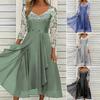 2024 V-Neck 3/4 Mesh Yarn Sleeve Waist Tight High-waisted Evening Dress Elegant Embroidery Floral Pattern Chiffon Draped Hem A-Line Midi Dress Street