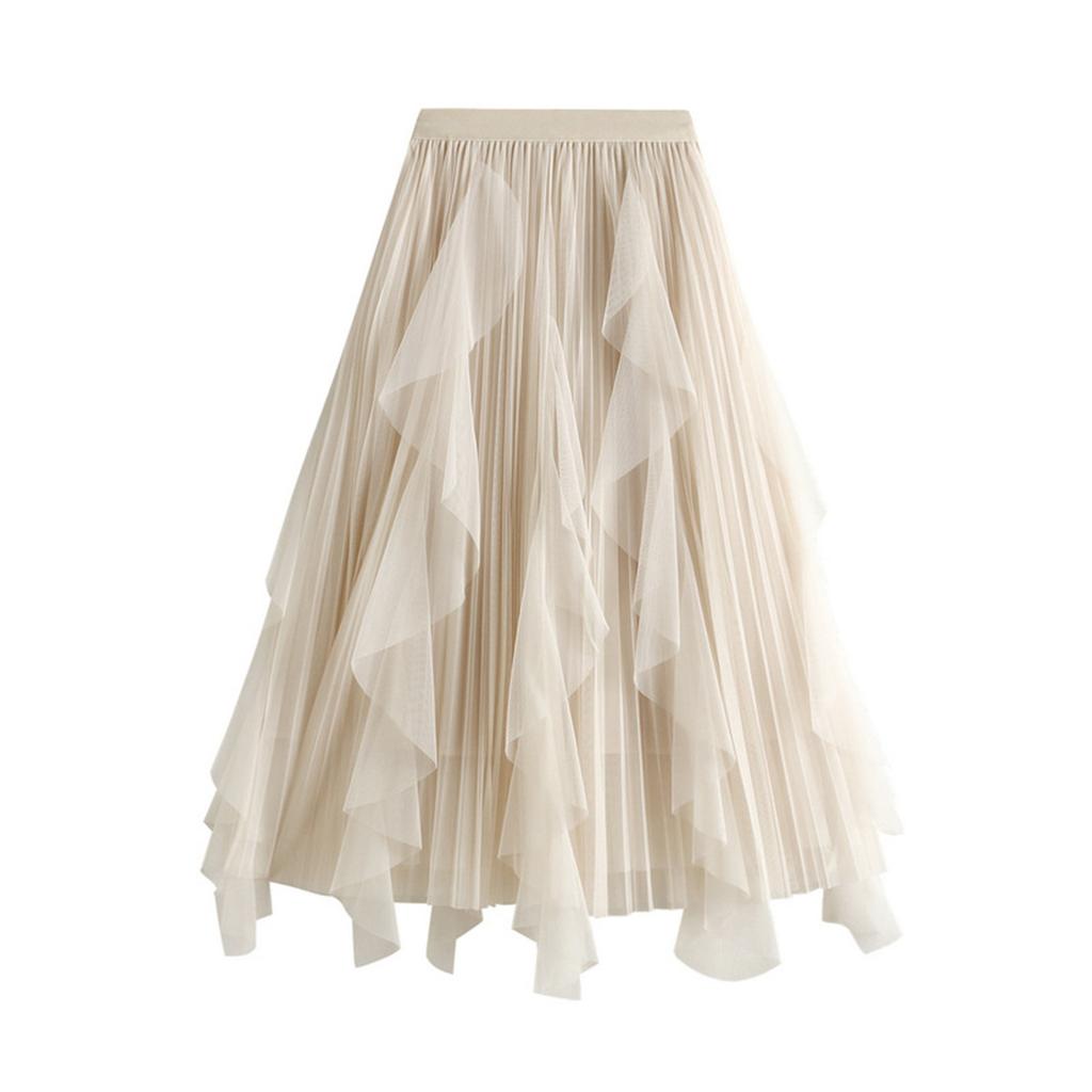 Женская модная повседневная однотонная юбка с высокой талией и оборками из сетки длиной до пола