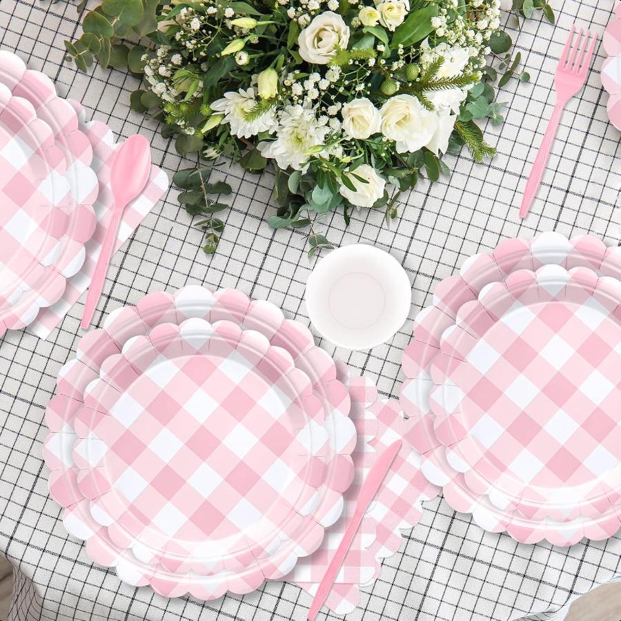 176 PCS Pink and White Gingham Plates and Napkins Light Pink Checkered Disposable Plates Set with Napkins Cups Plastic Spoons F
