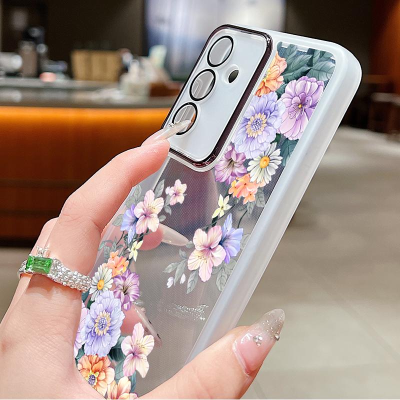 Мягкий силиконовый тонкий чехол с цветочным узором для Samsung S25 Ultra S24 FE S23 Plus A36 A56 A16 A55 A15, защитная пленка для объектива, противоударный прозрачный чехол для телефона
