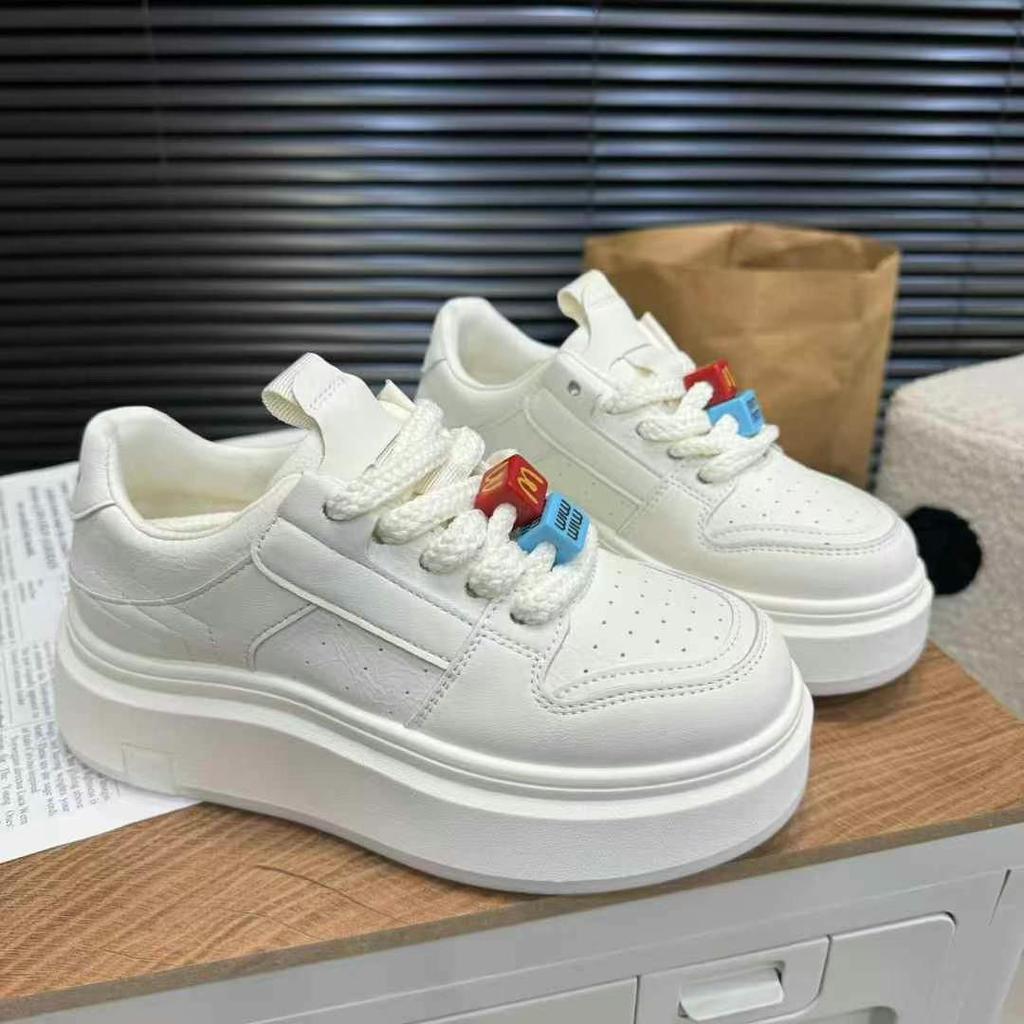 Muffin Thick-soled Heightening Little White Shoes 2025 Spring New Leather Casual Sports Board Shoes 5cm Ink-absorbing Jelly Sole