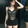 Lace Leopard Camisole Transparent Slim Crop Tops Fashion Suspender Vest with Pads Ladies