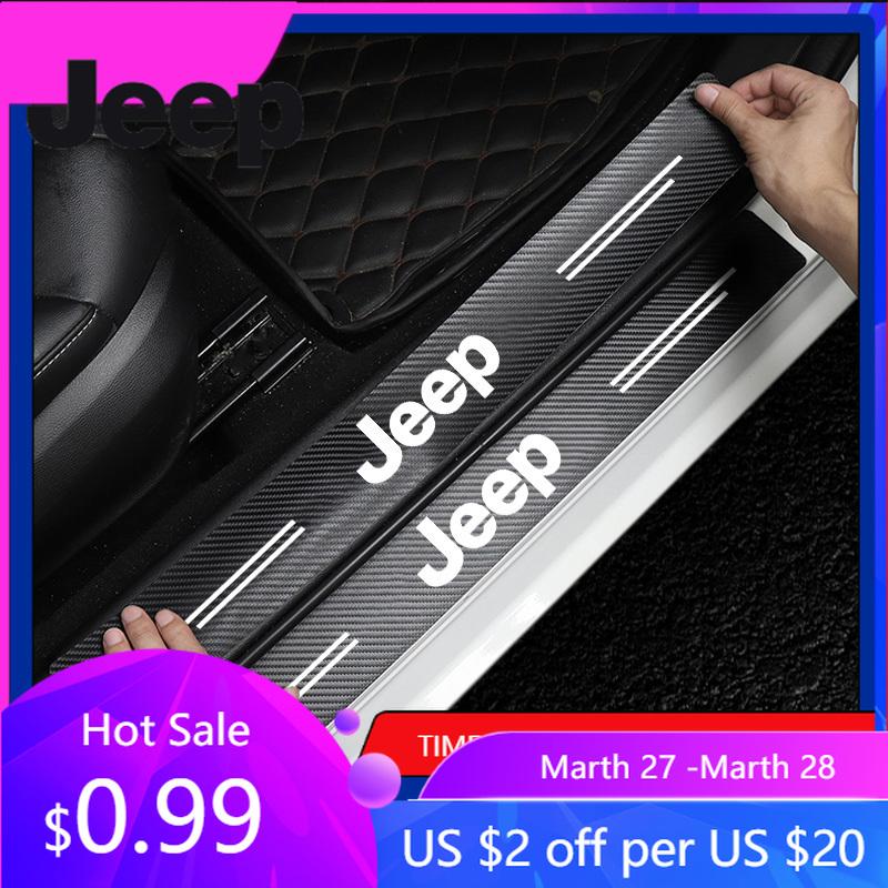 For Jeep 5Pcs Leather Car Door Sticker Carbon Fiber Threshold Anti Scratch For Jeep Grand Cherokee Wrangler JK Gladiator Comp