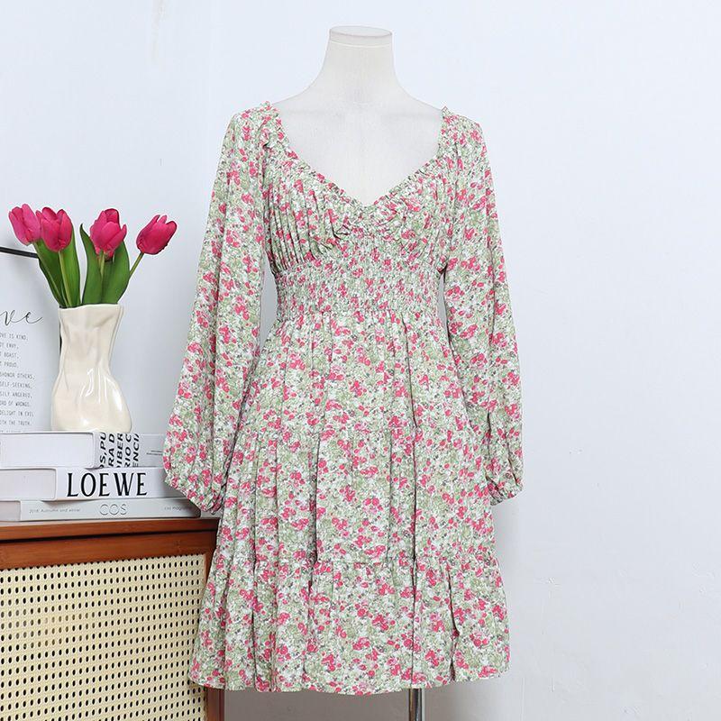 European and American Single Niche Design French Retro Oil Painting Floral V Neck Backless High Waist Slim Looking Silm Dress Female