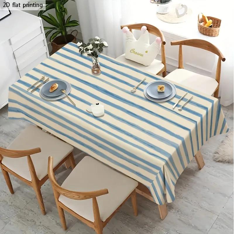 One tablecloth, featuring a blue and white striped pattern, with a fresh striped theme and a beige color scheme design.xzj