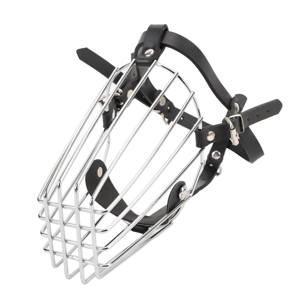 Dog Muzzle Stainless Steel Basket Leather Strap Breathable Prevent Biting Adjustable Muzzle for