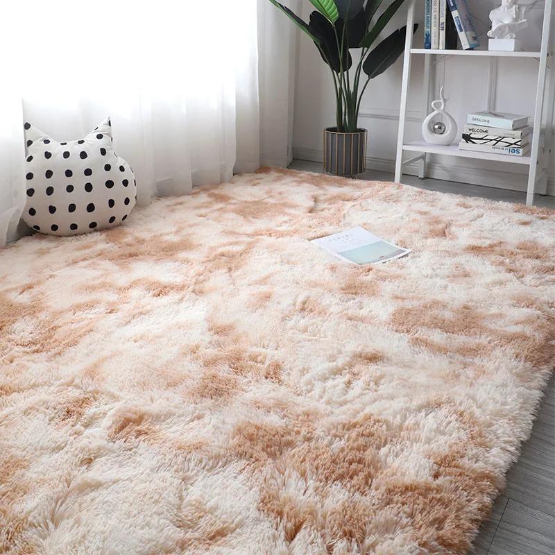 Rainbow Fluffy Carpet Tie-dye Plush Rug Gradient Silk Wool Bedside Rug Non-Slip Mat Soft Plush Area Carpet Room Decoration