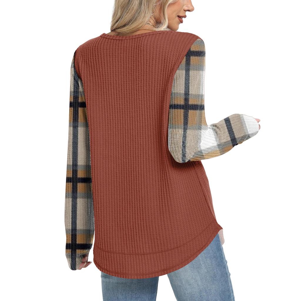 Женский повседневный топ свободного кроя с круглым вырезом и длинными рукавами в клетку