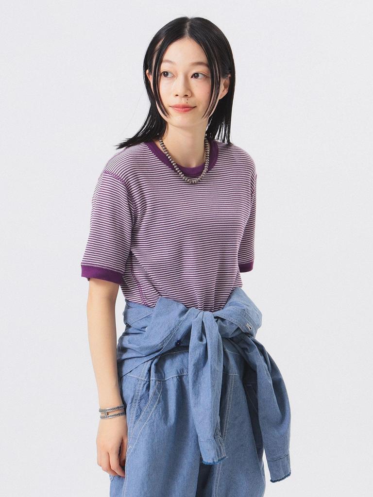 Beams Boy S/S TEE [Special Order] Healthknit Waffle Striped T-Shirt, Women's, Purple/Off-White