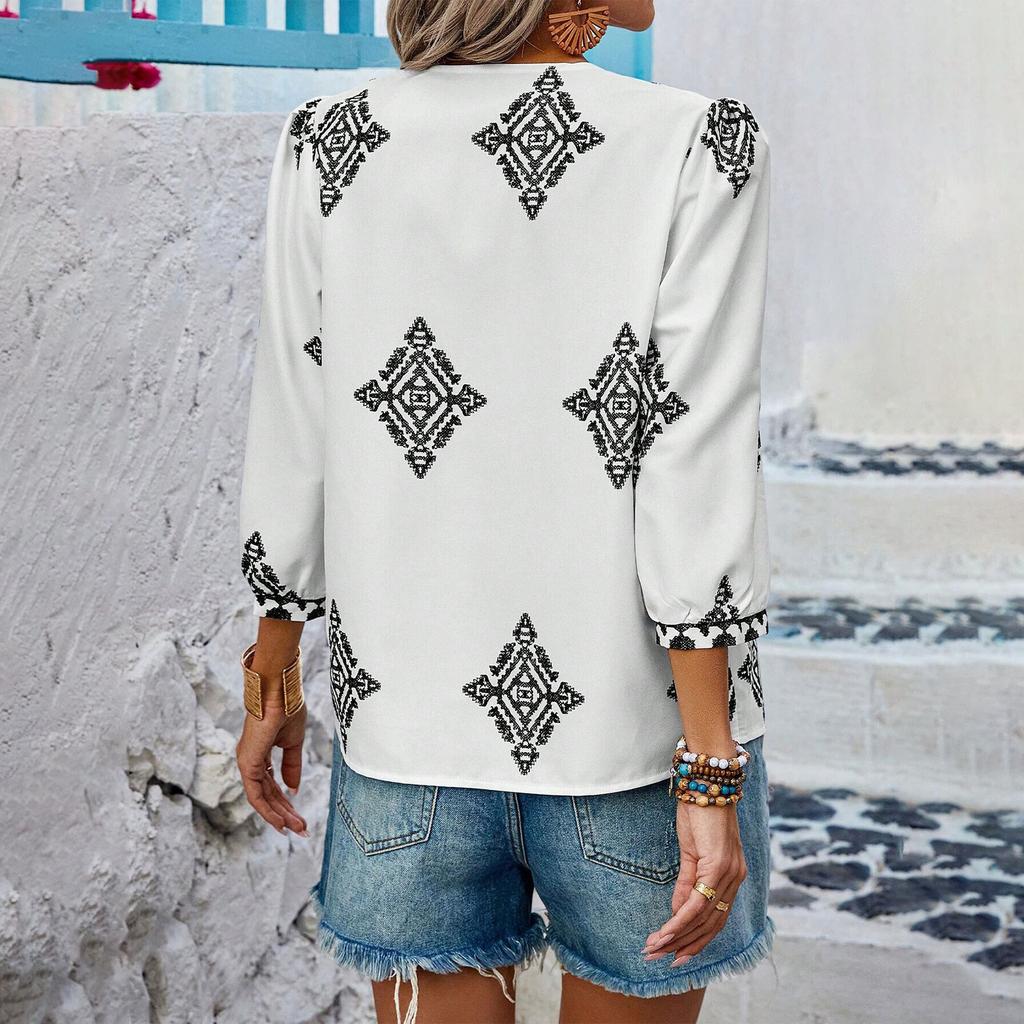 Женский модный повседневный топ с v-образным вырезом и семью рукавами с принтом