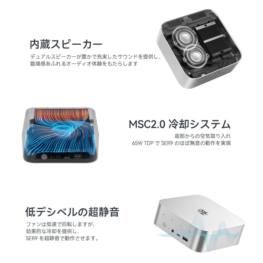 Beelink SER9 HX370 Mini до 32 ГБ LPDDR5X и 1 ТБ 4K Gray Business Mini PC ПК, 12C/24T 5.1GHz, M.2 PCle4.0 SSD, 3-экранный дисплей, HDMI, DP1.4, USB4,