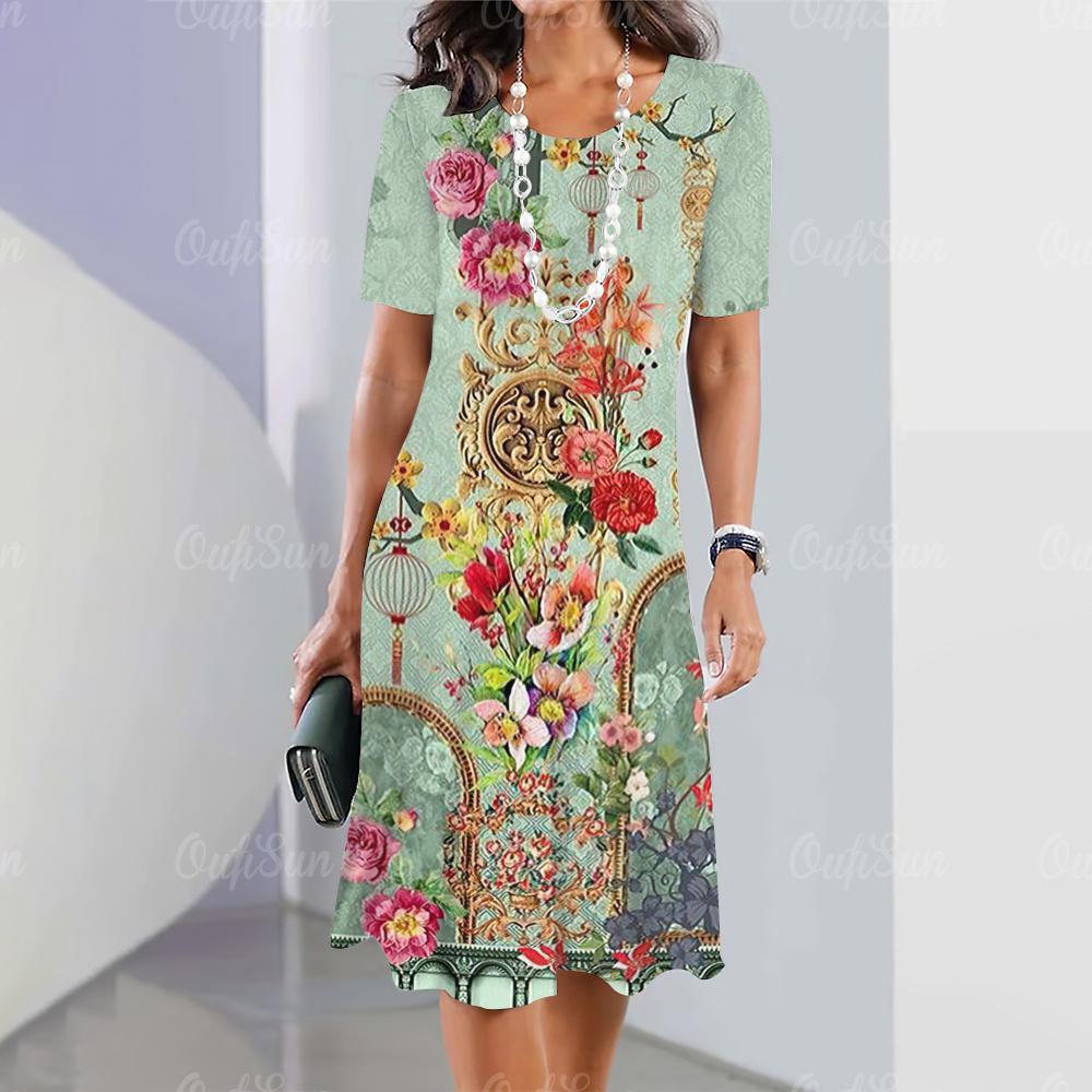 2025 Новые женские платья с принтом в стиле барокко Летнее элегантное платье Женские платья с коротким рукавом Модная одежда больших размеров