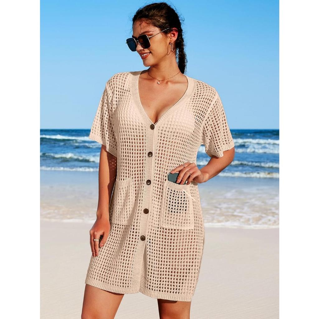 Charmleaks купальник накидка женское вязаное крючком пляжное платье на пуговицах с боковым разрезом купальный костюм накидки карманные купальники