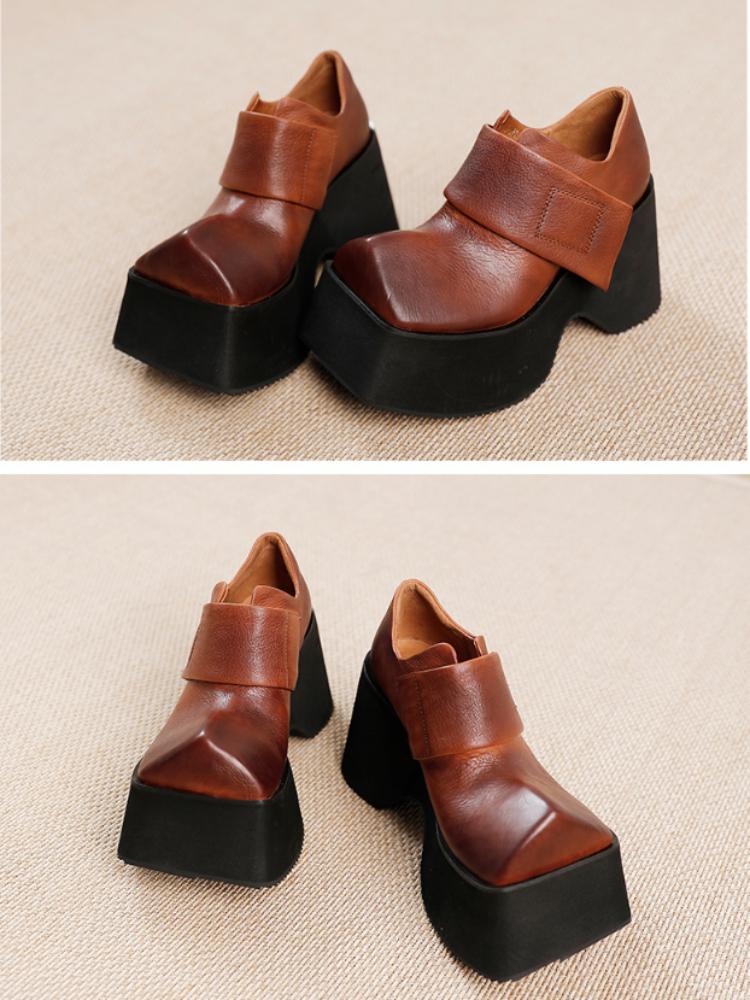 Johnature Туфли из натуральной кожи в стиле ретро на толстой подошве 10 см, женские однотонные туфли на платформе с квадратным носком