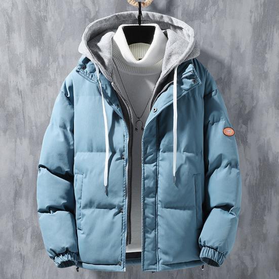 Men Autumn Winter Hooded Long Sleeve Coat Fake Two Pieces Pockets Zipper Placket Jacket Windproof Thickened Cotton Outwear