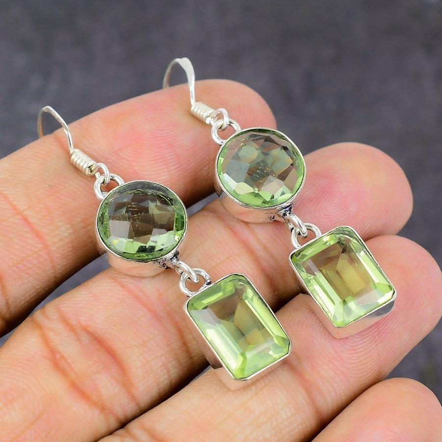 Green Amethyst Gemstone Handmade 925 Sterling Silver Jewelry Earring 2.05" T7z92