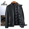 Men's Top Grain Leather Stand Collar Winter Jacket with Goose Down