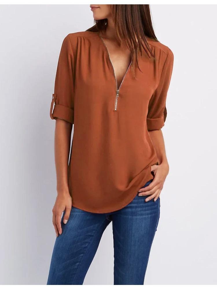 2025 Женская крутая свободная рубашка с глубоким V-образным вырезом, шифоновая модная блузка, повседневные женские топы, сексуальный пуловер на молнии, большие размеры