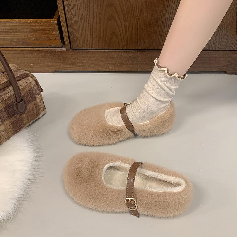 Fashion shallow mouth flat bottom plush shoes women wear winter versatile word with soft bottom Mary Jane cotton shoes
