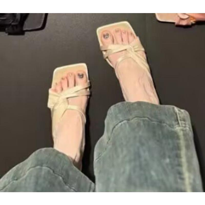 Высокие каблуки Удобные Новые Летние Однотонные Кожаные Тапочки Женская Обувь Женская Обувь Женская Мода Крутые Мюли Шлепанцы Вьетнамки