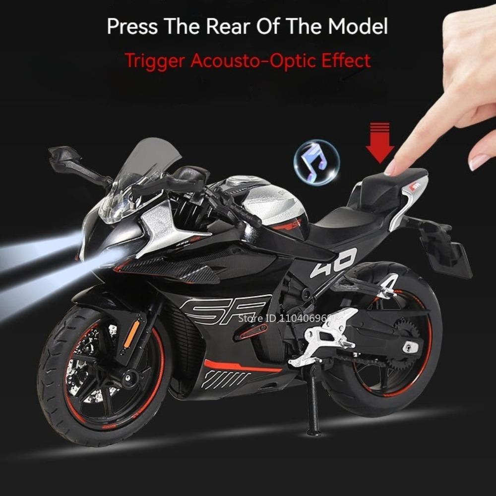 1:Модель мотоцикла Cfmoto 450Sr R1M в масштабе 1:12, игрушки, металлическая литая модель, звук, свет, амортизация, рулевое управление передним колесом, подарки для мальчиков