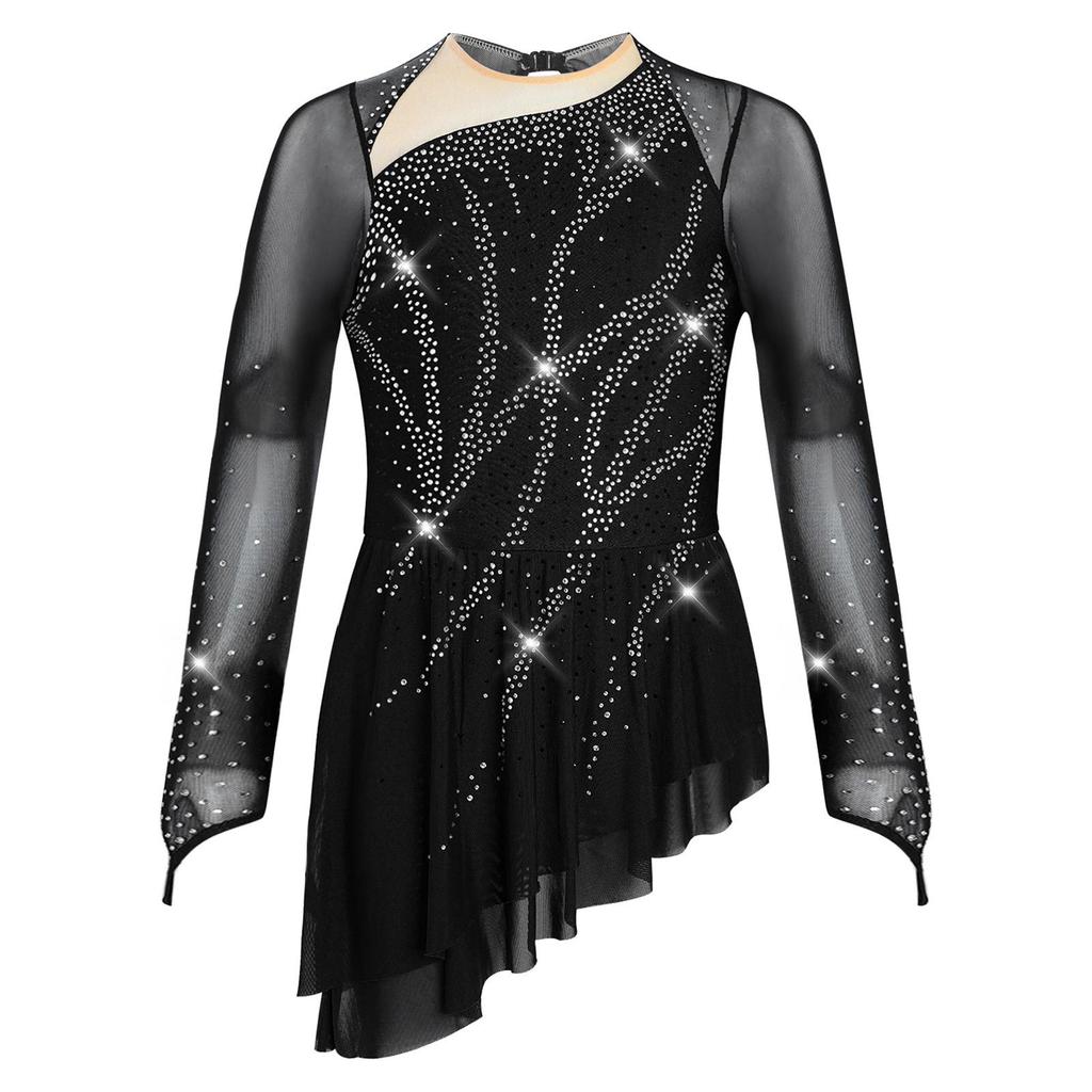 Girls Lyrical Dance Dress Sheer Mesh Long Sleeves Cutout Back Design with Sparkly Rhinestones Asymmetric Hem Skirt