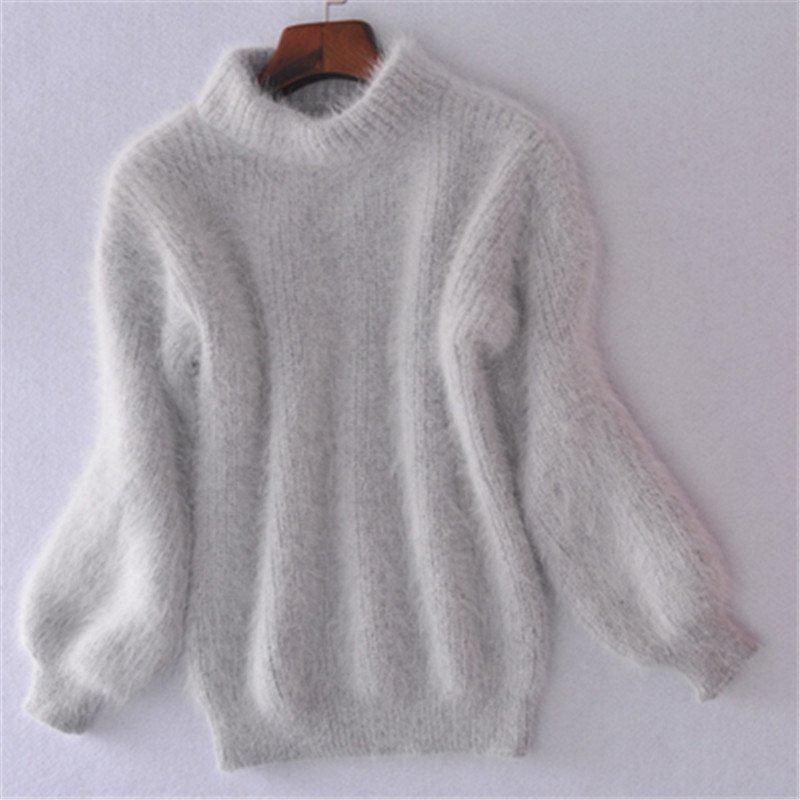 Korean Style Lantern Sleeve Mink Fur High Collar Pullover Sweater (2025)