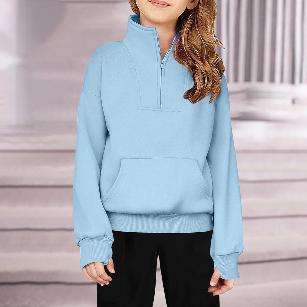 Children's Half-Zip Fleece Pullover Sweatshirt For Girls - Solid Color Hoodie