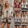 Fashion Knitted Coat V-neck Plus Size Pocket Color Matching Cardigan Sweater for Women