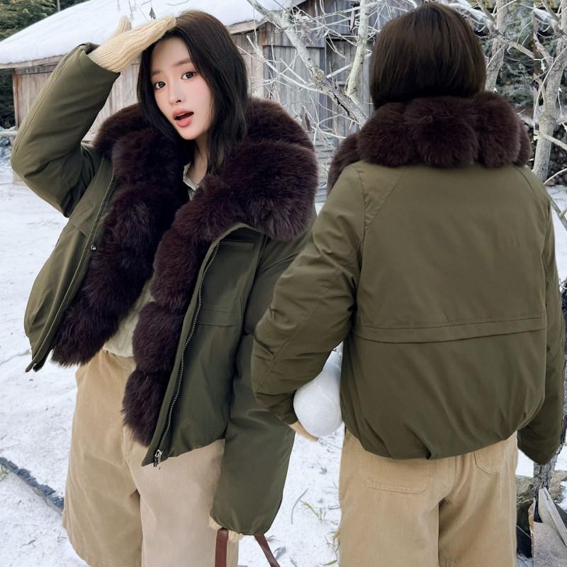 Womens Short Puffer Coat Winter Faux Fox Fur Trim Loose Parka Thick Warm Cotton Jacket