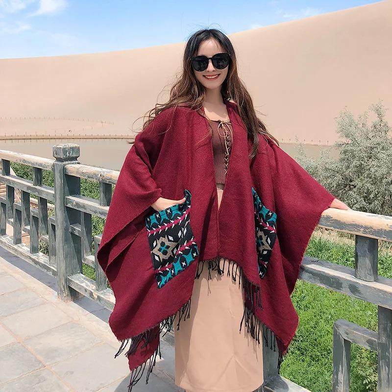 21 Style Big Pendulum Cloak With Hat Arabic Poncho Women Leopard Pocket Shawl Cape Knitted Middle East Split Thick Warm Blanket