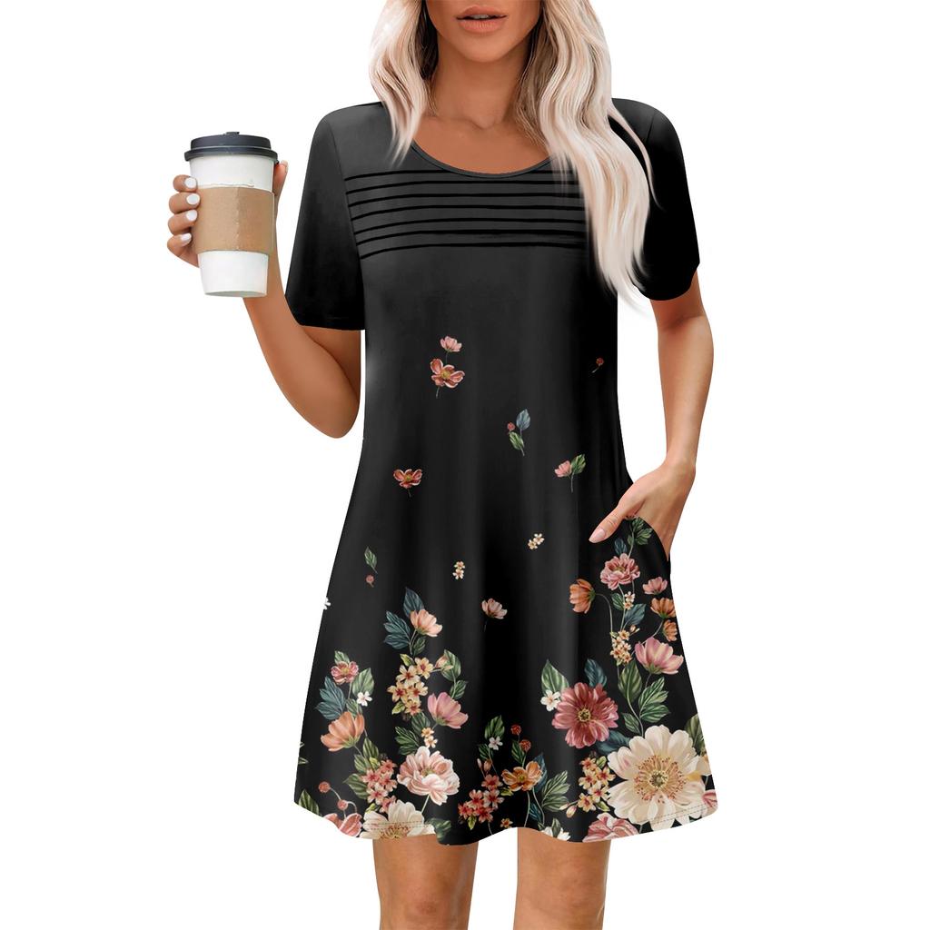 Женские летние повседневные платья с круглым вырезом, плиссированные, с карманами, с принтом, с коротким рукавом