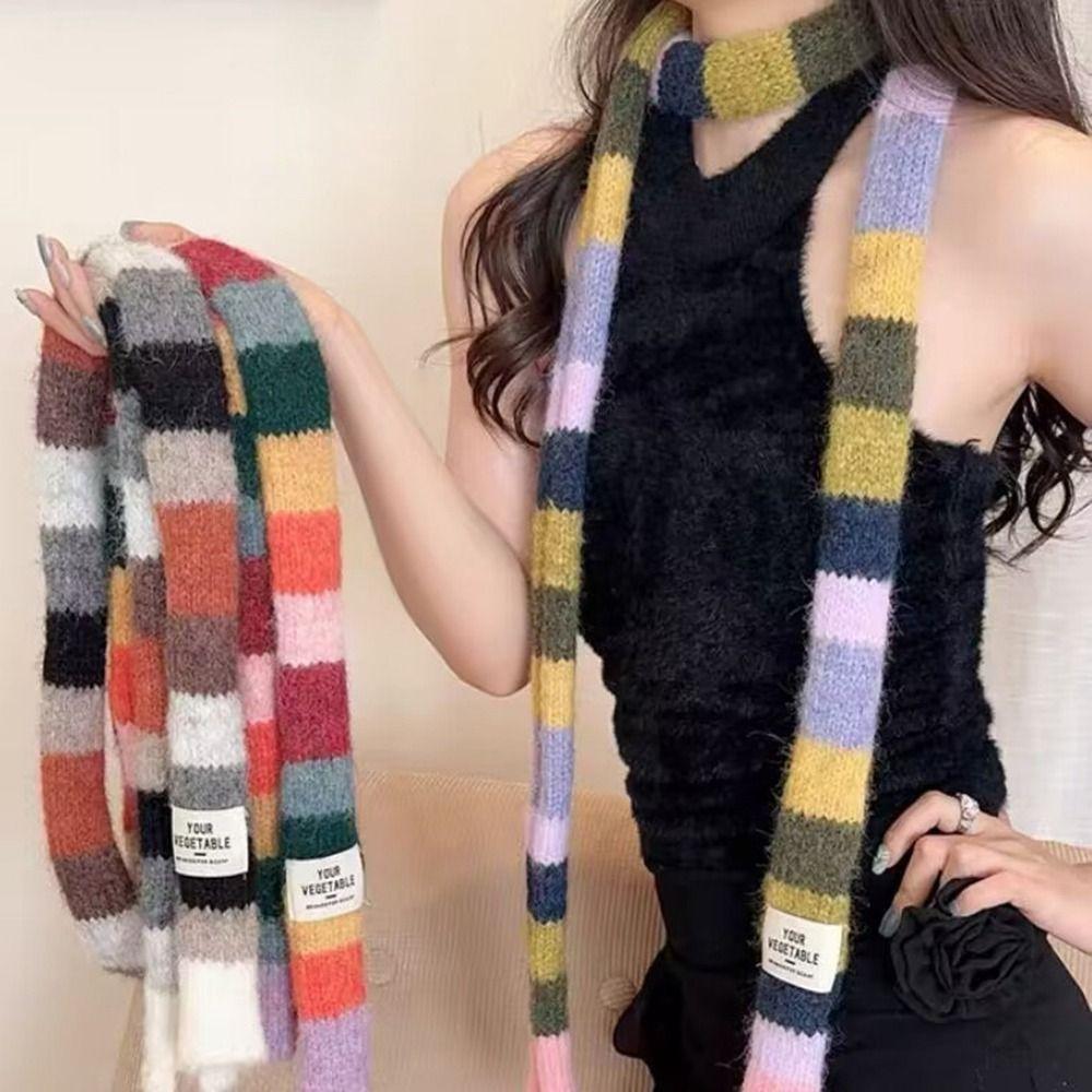 Rainbow Color Y2K Striped Scarf Harajuku Style Stripe Shawl Punk Long Narrow Scarves Girl