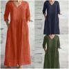 Women Cotton Linen Loose Long Dresses Spring Autumn New Casual Half Sleeves V-neck Maxi Dress Simple Style Lady Vestido