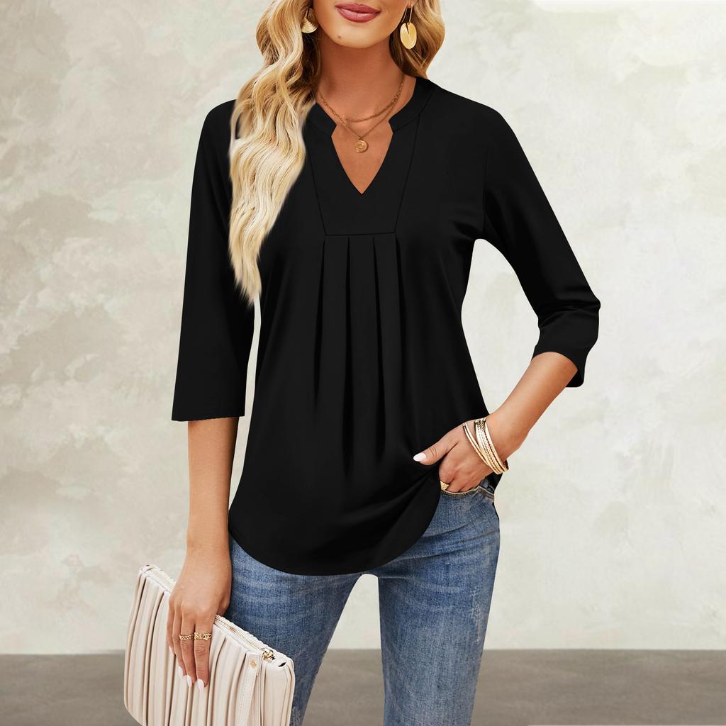 Women's Seven-quarter Sleeve Tops Casual V-neck Chest Ruffles Solid Color Loose T-shirt Tops
