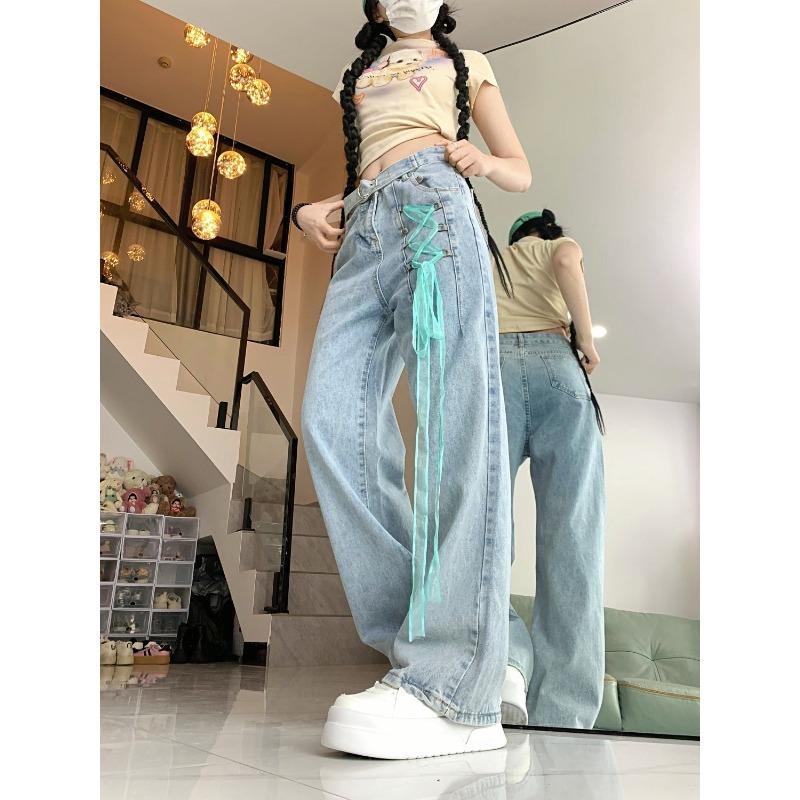 American Spice Girls High-waisted Jeans Women's Summer Loose Slim Pants High-waisted Lace-up Design Wash Wide-leg Pants